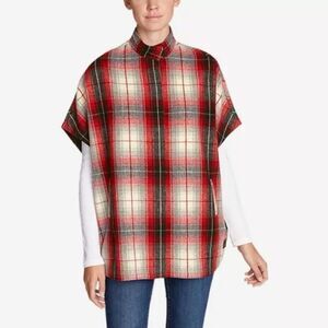 Eddie Bauer Women's Sonoma Wool Blend Plaid Cape Poncho Scarlet Red Size Small